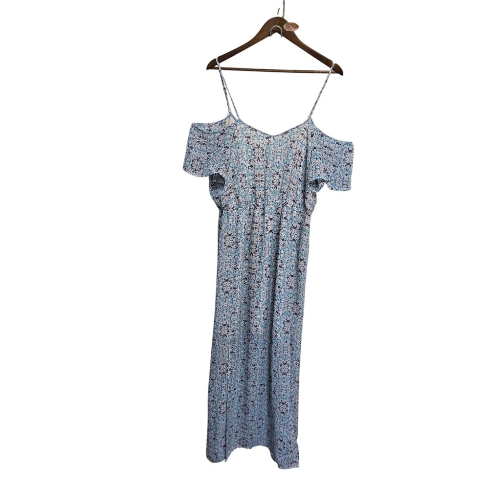 Cato Women Blue White Medallion Floral Cold Shoulder Maxi Dress XL Boho Slit